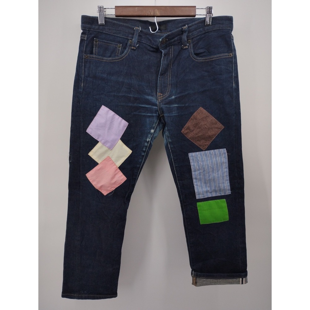 Uniqlo Selvedge Japanese Denim Jeans Slim Fit Straight Low Rise Patch Work 36x25